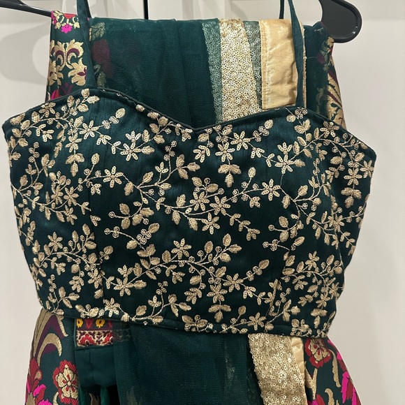 Embroidered Silk Green and Gold Lehenga Set - Picture 5 of 8